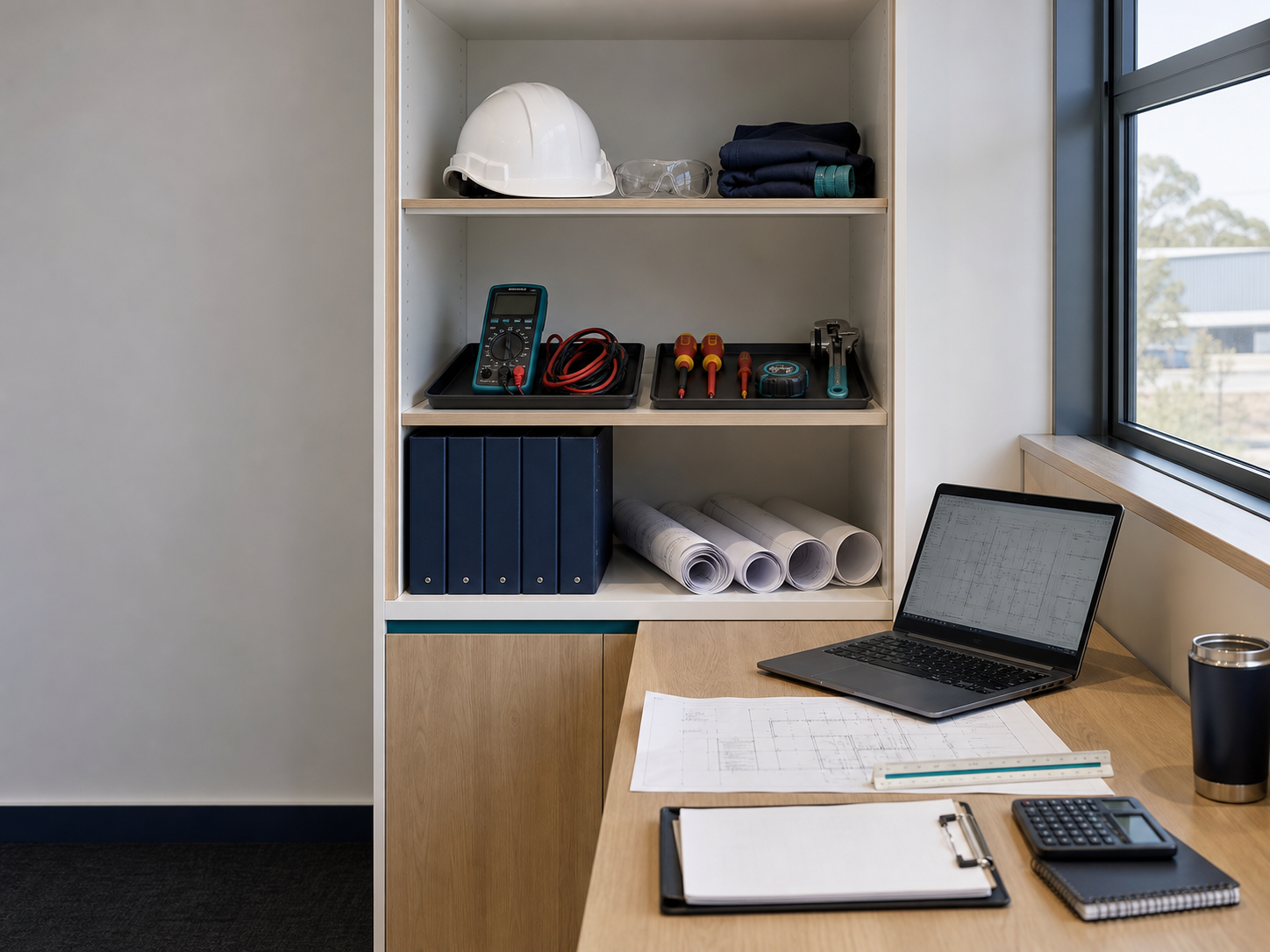 Engineering project workspace with drawings and equipment