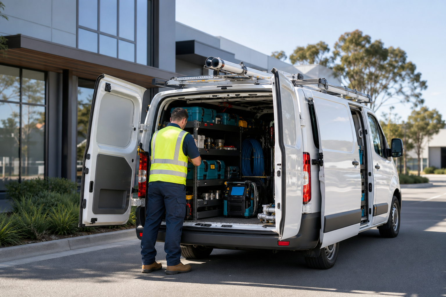 Equipped field technician beside a maintenance service van
