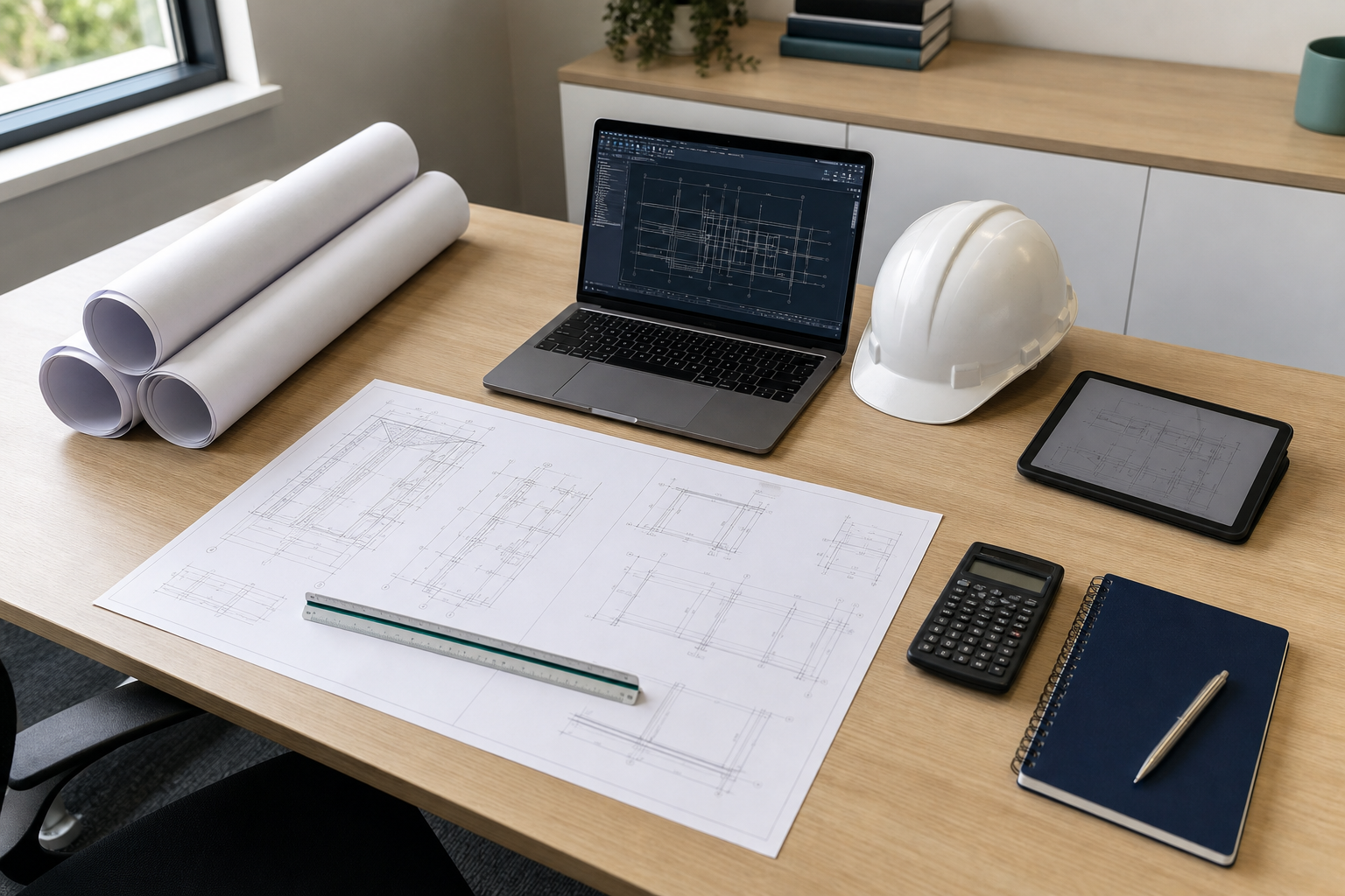 Engineering drawings, hard hat and project planning equipment